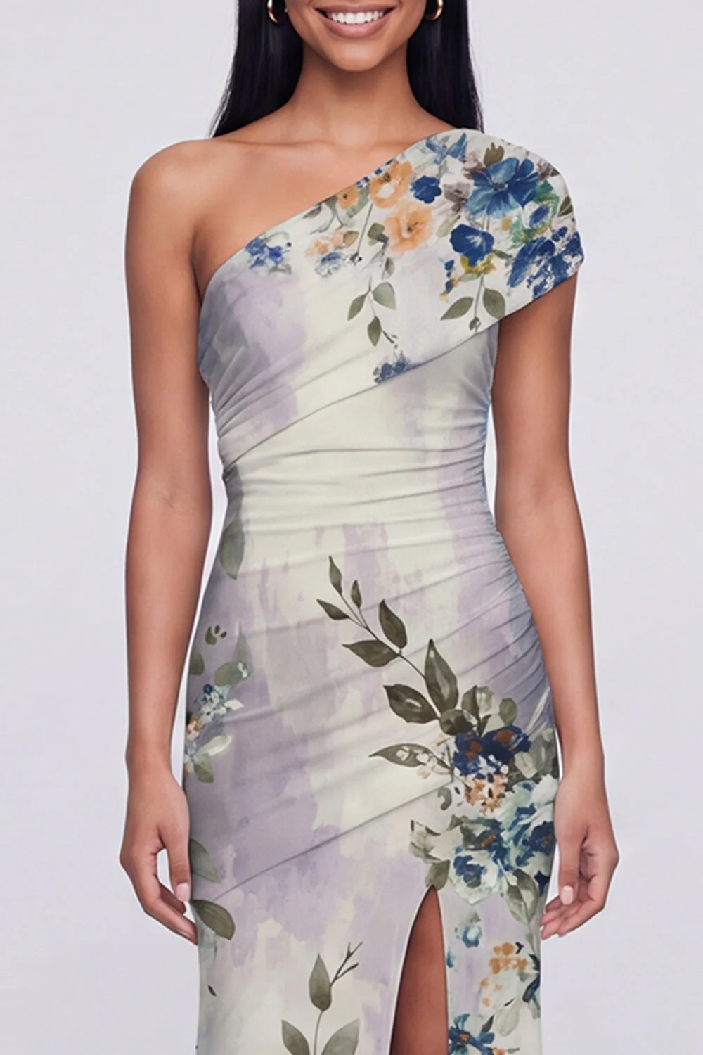 Robe longue fleurie champagne à une épaule avec fente - Image 11