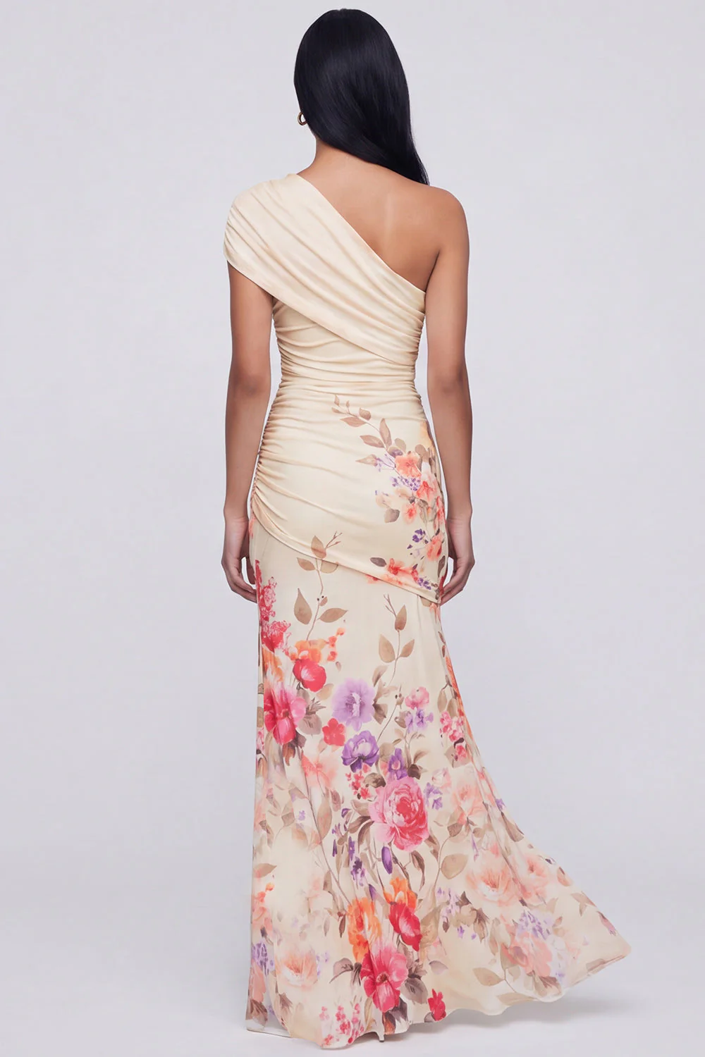 Robe longue fleurie champagne à une épaule avec fente - Image 2