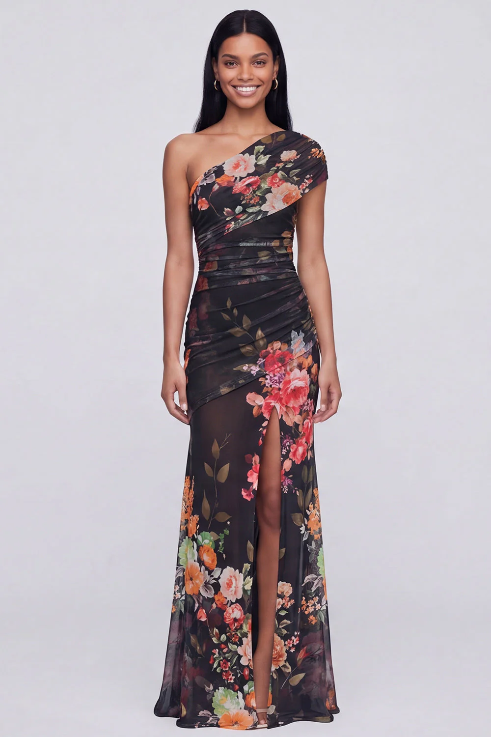 Robe longue fleurie champagne à une épaule avec fente - Image 5
