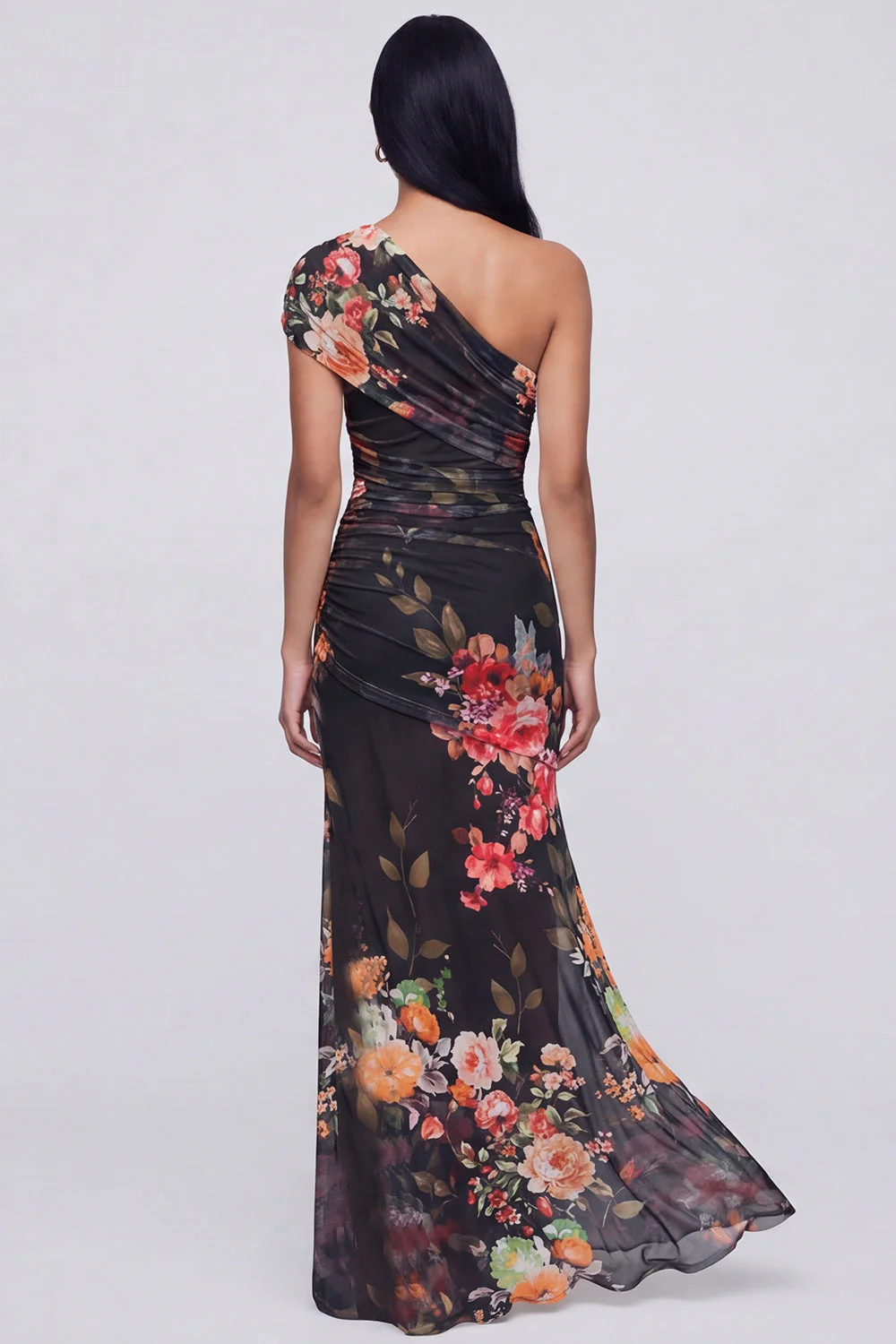 Robe longue fleurie champagne à une épaule avec fente - Image 6