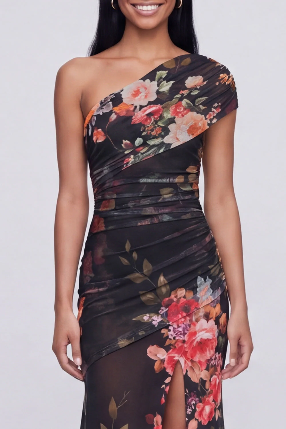Robe longue fleurie champagne à une épaule avec fente - Image 7