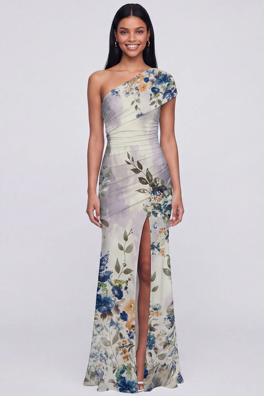 Robe longue fleurie champagne à une épaule avec fente - Image 9