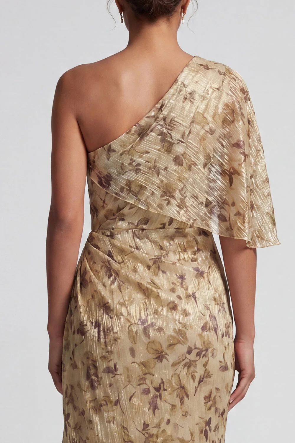Robe longue fleurie champagne froncée de la mère de la mariée avec cape latérale - Image 5