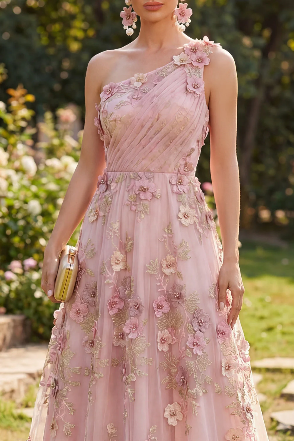 robe longue fleurie froncée en tulle rose fuchsia à une épaule - Image 3