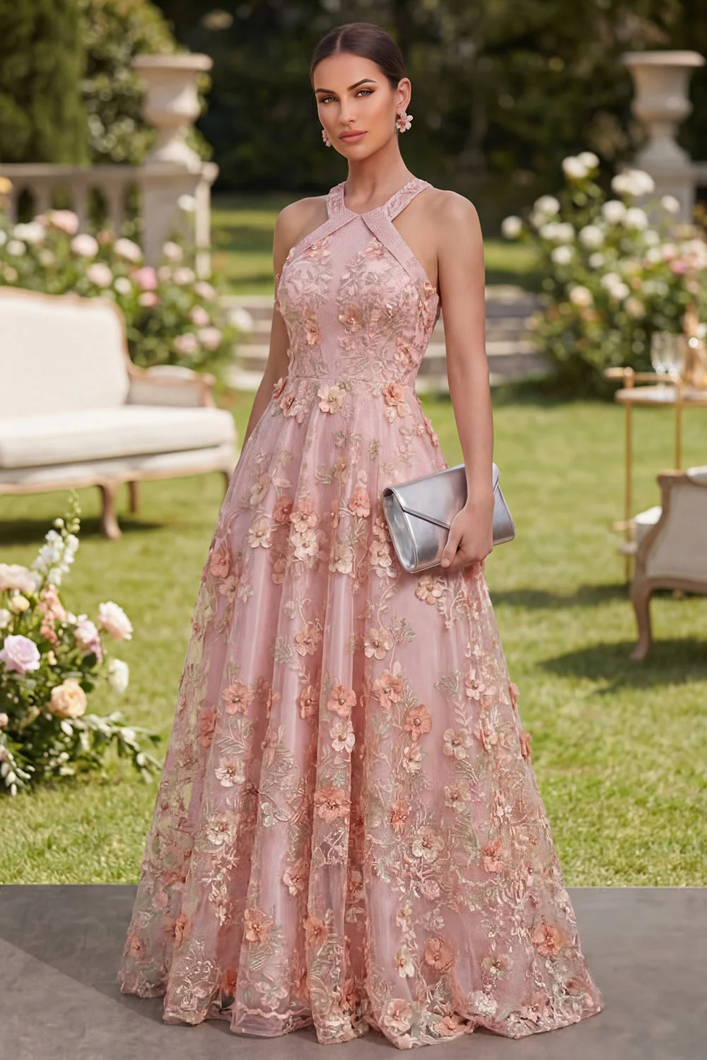 Robe longue fleurie, perlée et perlée, en tulle rose A-line