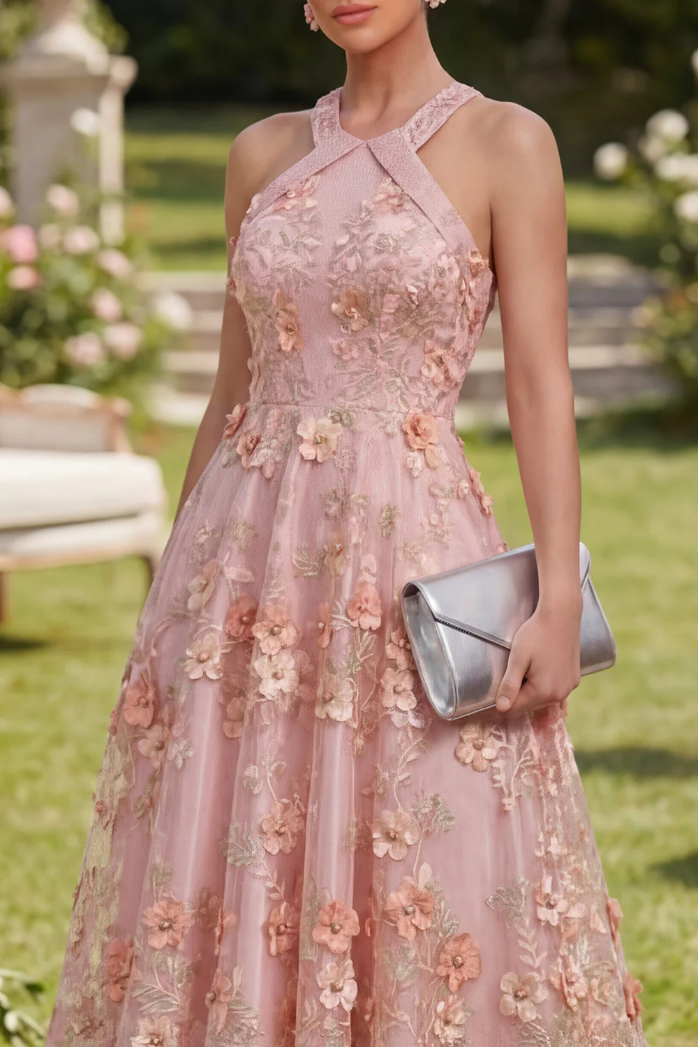 Robe longue fleurie, perlée et perlée, en tulle rose A-line - Image 3