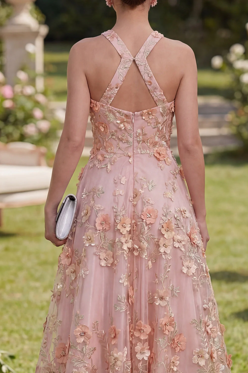 Robe longue fleurie, perlée et perlée, en tulle rose A-line - Image 4