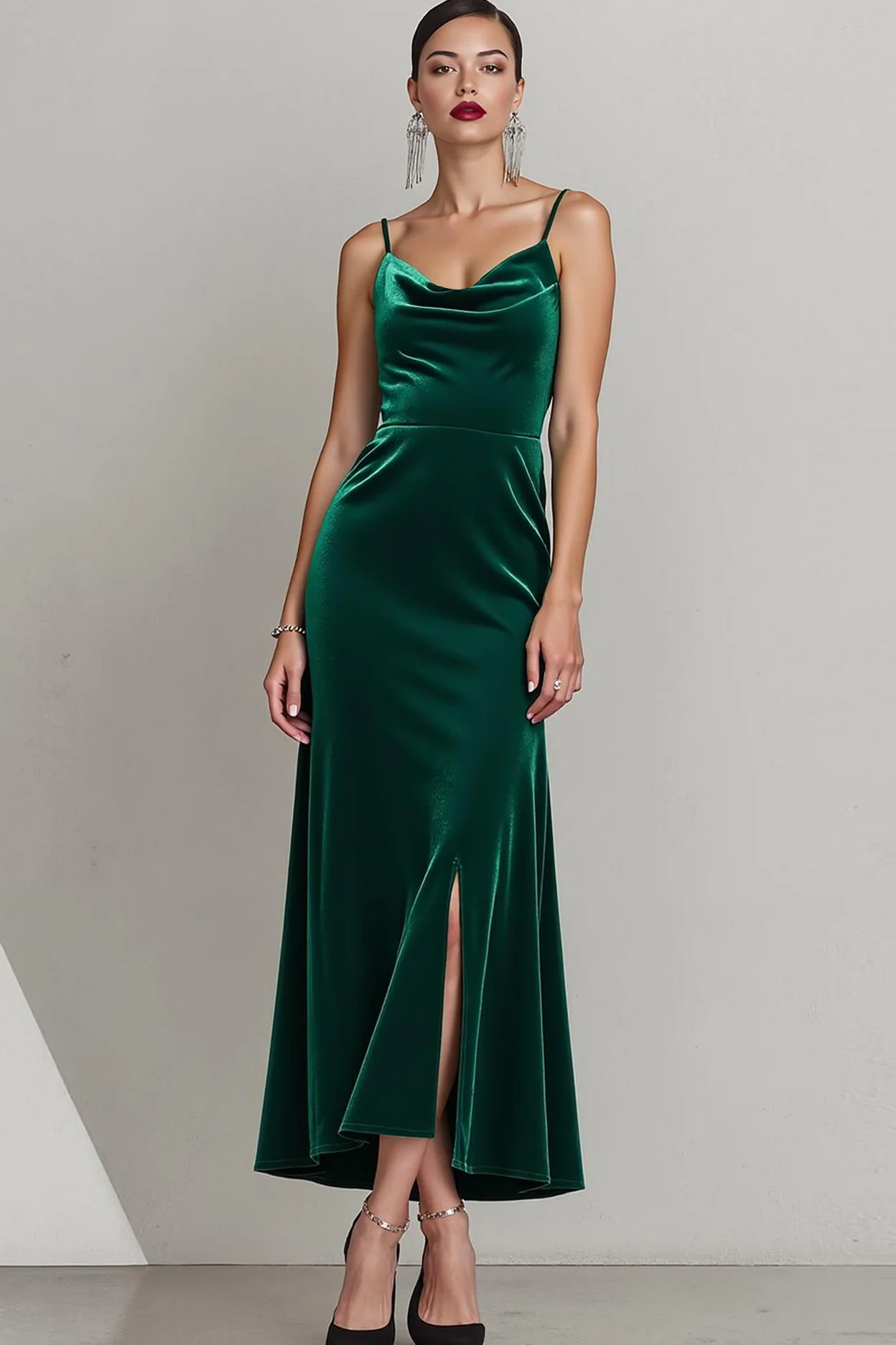 Robe longue formelle à bretelles spaghetti en velours vert foncé avec fente