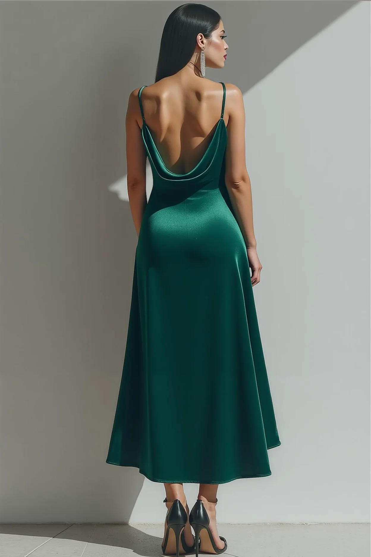 Robe longue formelle à bretelles spaghetti en velours vert foncé avec fente - Image 2
