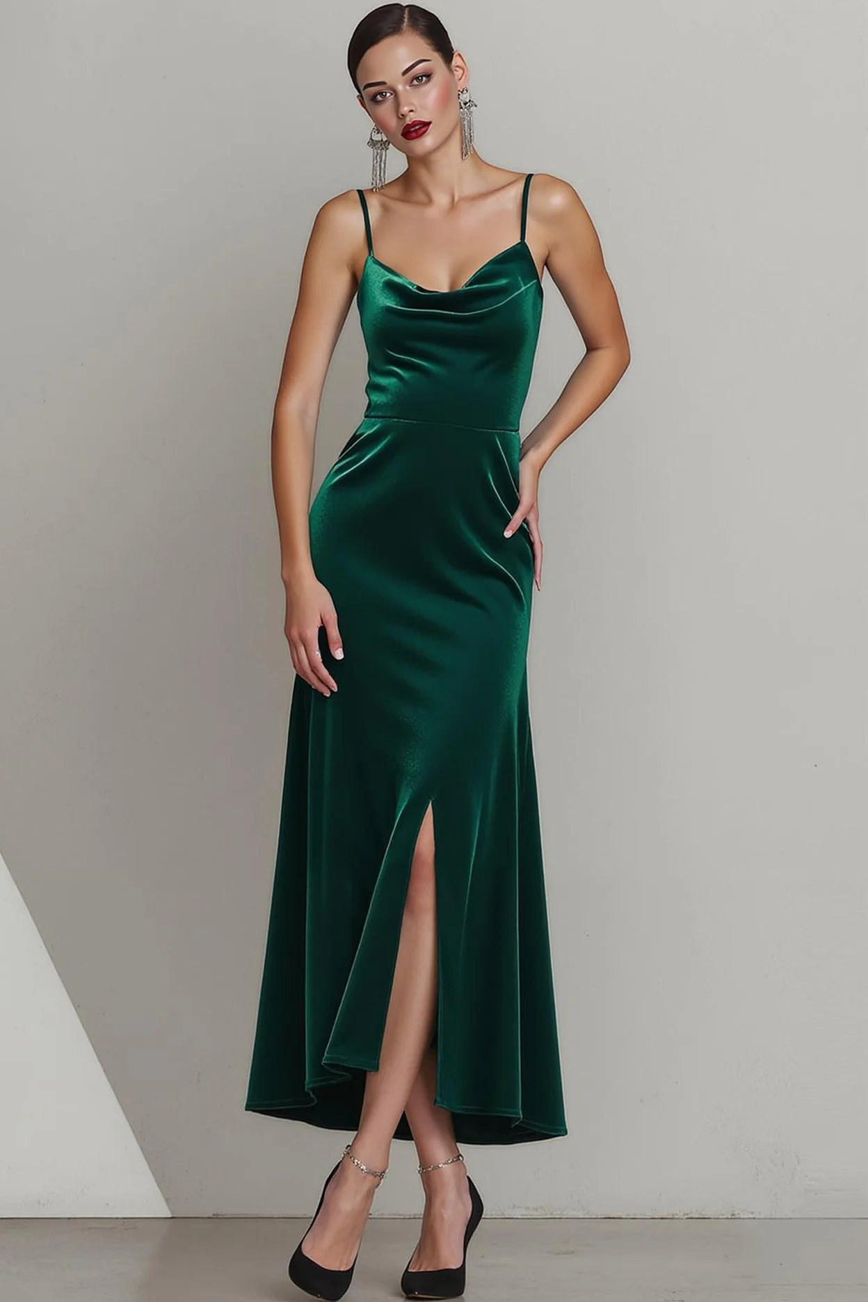 Robe longue formelle à bretelles spaghetti en velours vert foncé avec fente - Image 3