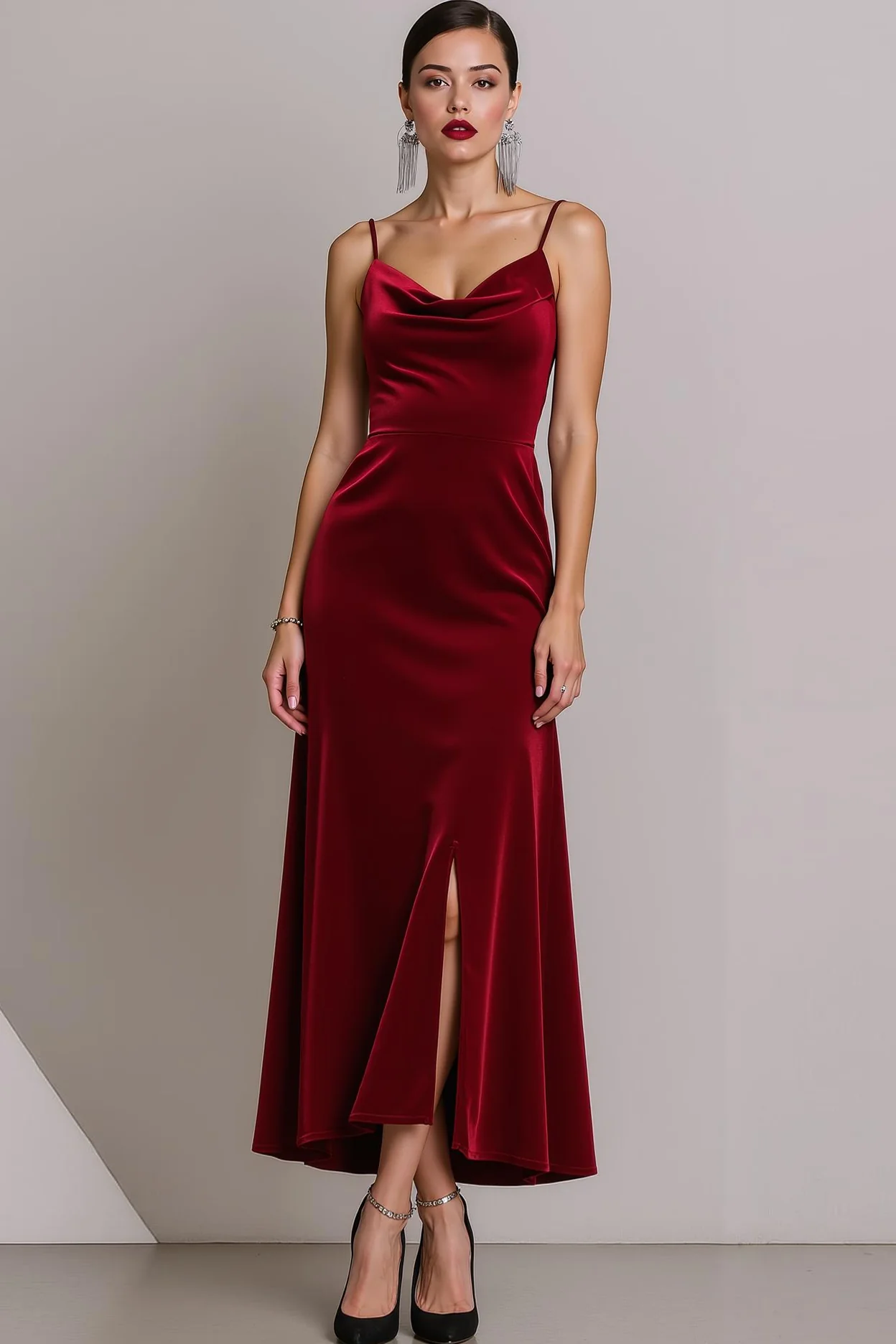 Robe longue formelle à bretelles spaghetti en velours vert foncé avec fente - Image 4