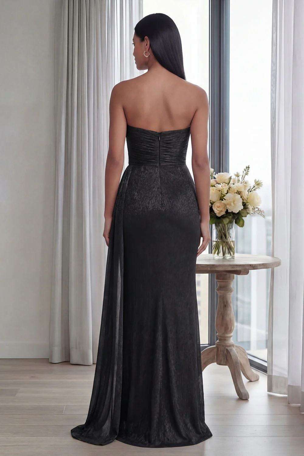 Robe longue formelle à dos sans bretelles froissée avec ruban - Image 2