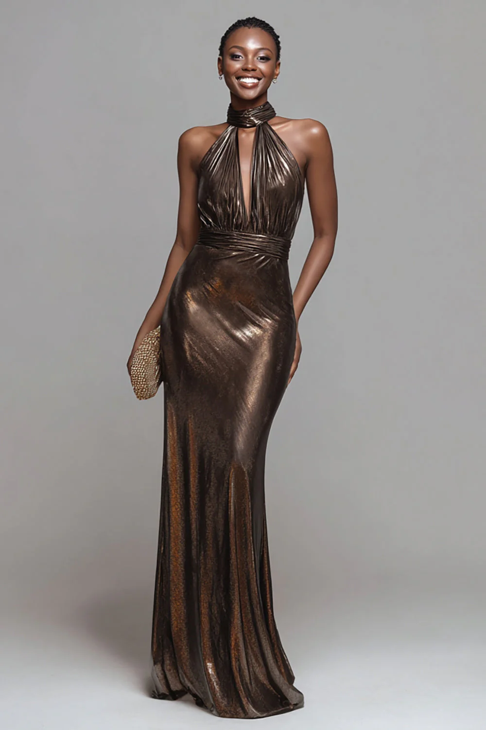 Robe longue formelle à fourreau métallisé marron scintillant
