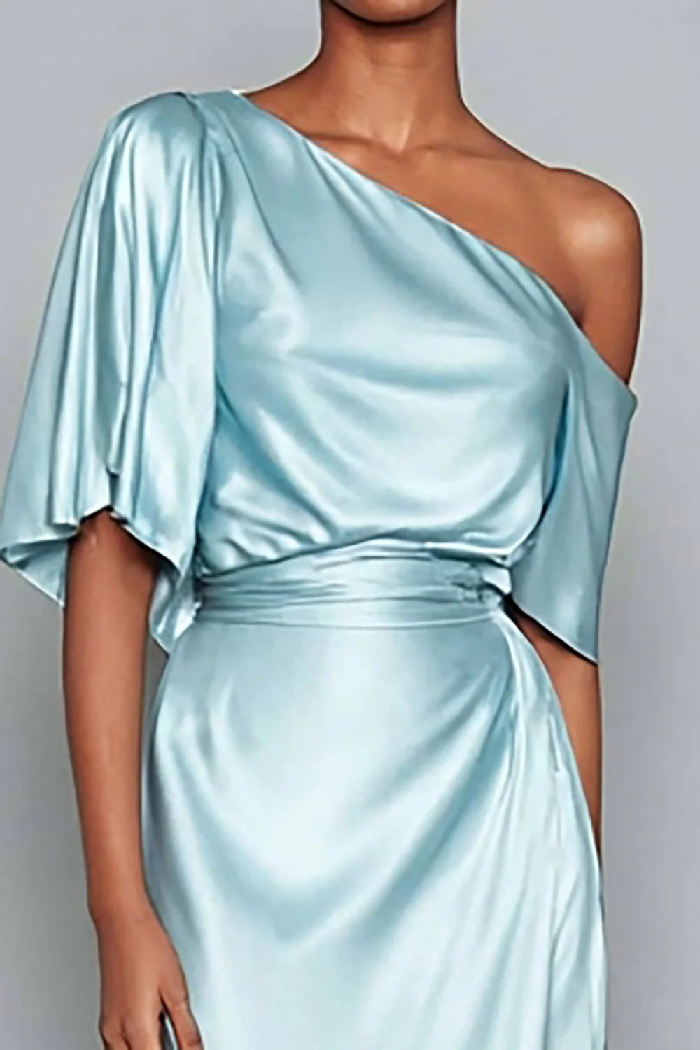 Robe longue formelle à manches longues en satin bleu clair à une épaule - Image 2