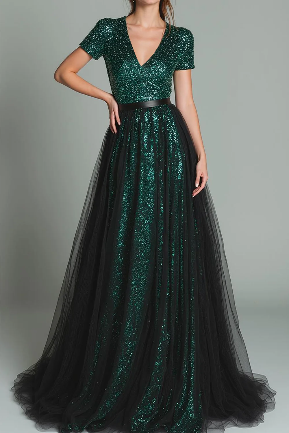 Robe longue formelle à paillettes à paillettes vert foncé scintillante avec manches - Image 3