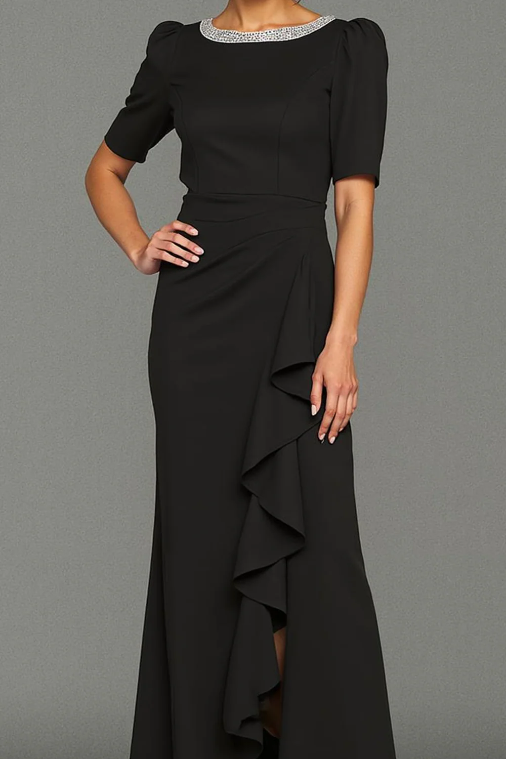 Robe longue formelle à volants sirène noire scintillante avec fente - Image 2