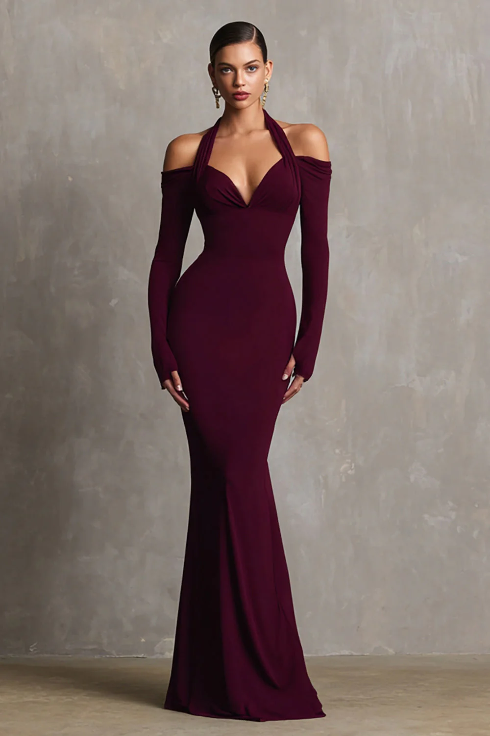 Robe longue formelle bordeaux dos nu sirène élasthanne