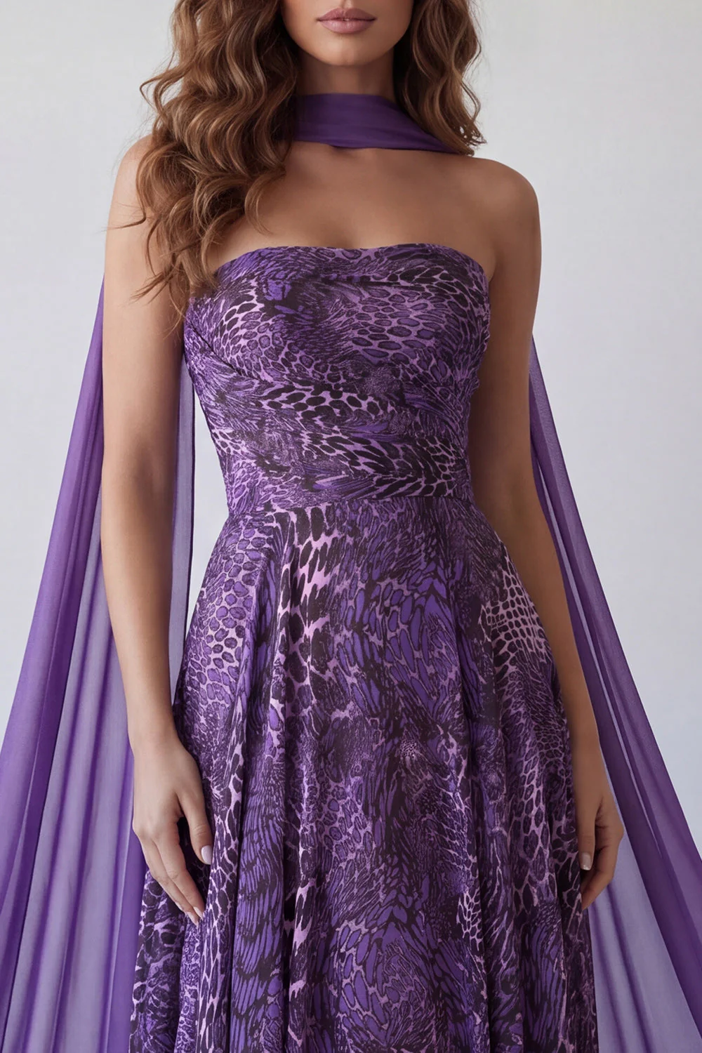 Robe longue formelle courtière en mousseline A Strap violette avec écharpe à col - Image 3