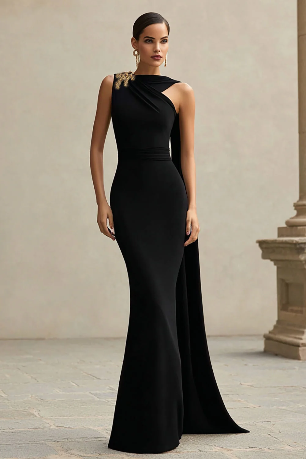 Robe longue formelle en crêpe de sirène noire