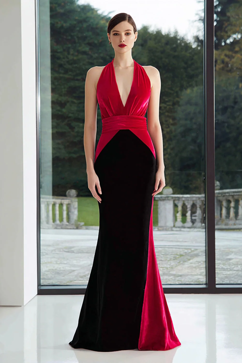Robe longue formelle en patchwork de velours sirène noir et fuchsia