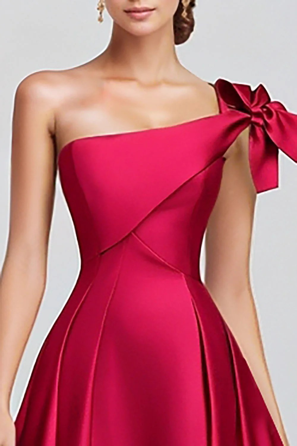 Robe longue formelle en satin fuchsia trapèze avec nœud d’épaule - Image 3