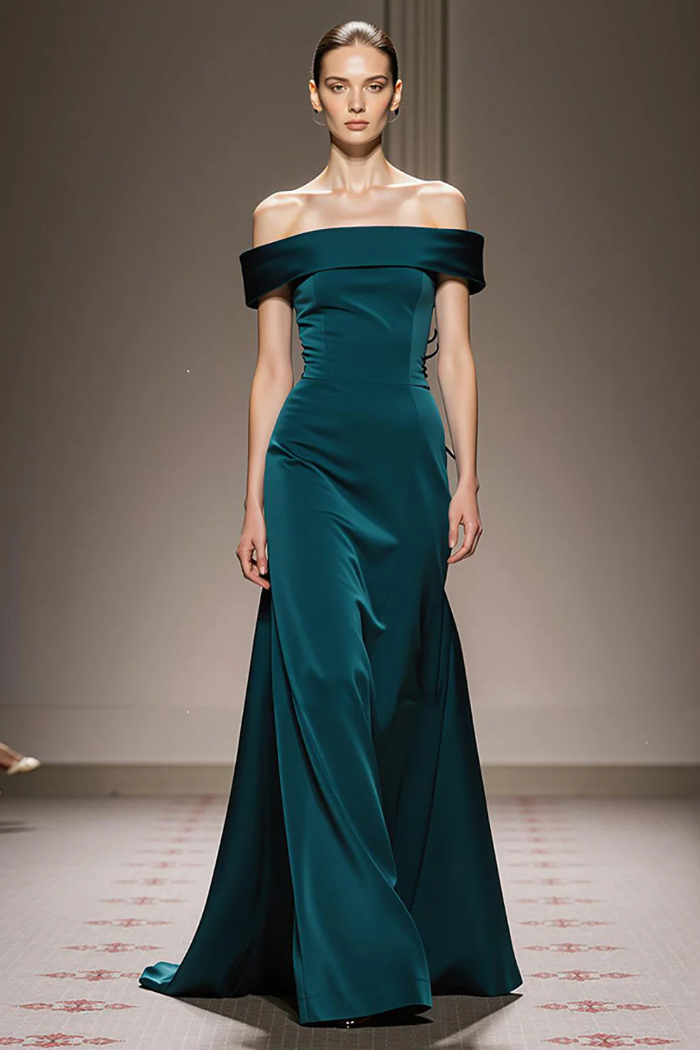Robe longue formelle en satin bleu canard à épaules dénudées