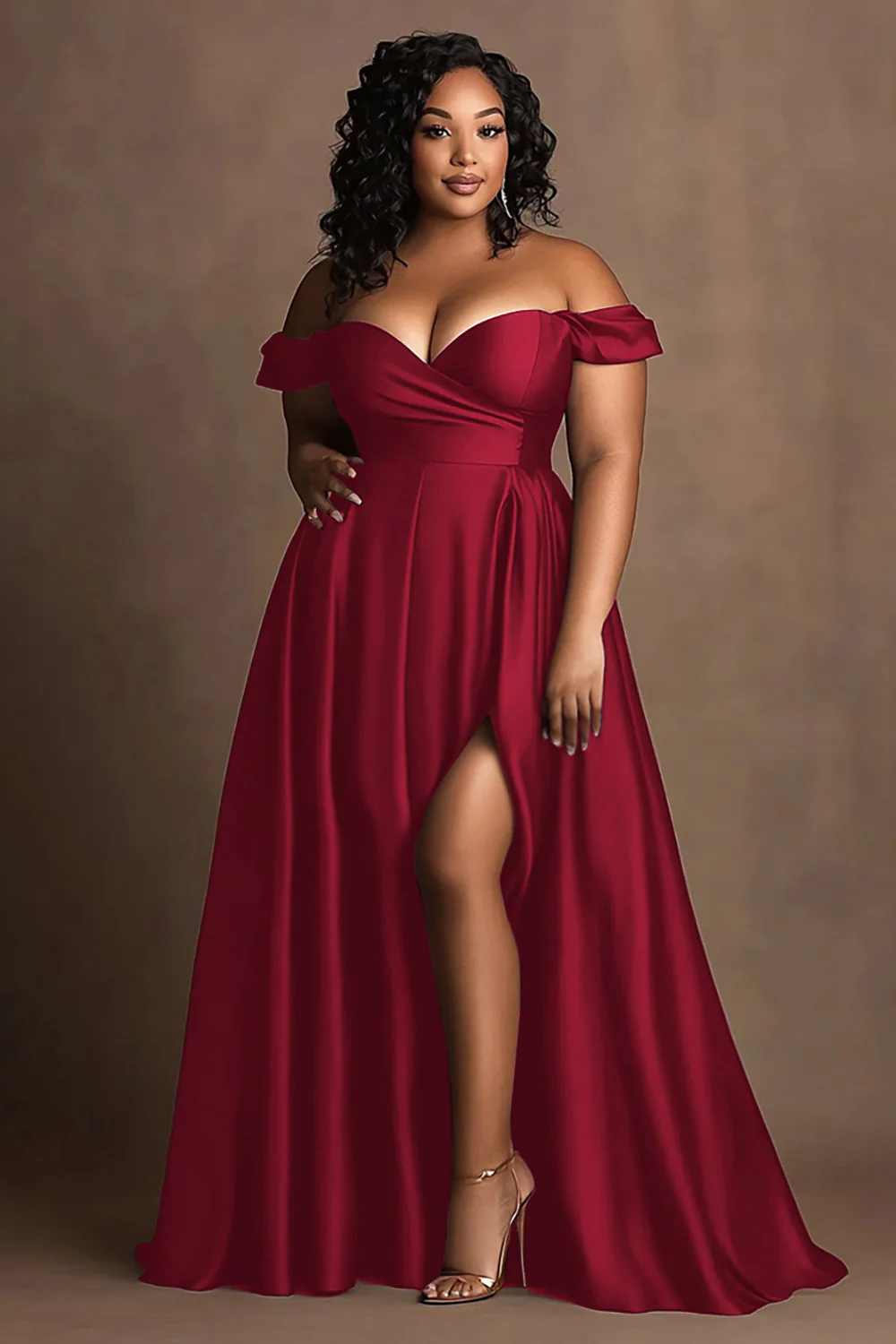 Robe longue formelle en satin bleu marine à épaules dénudées grande taille avec fente - Image 10