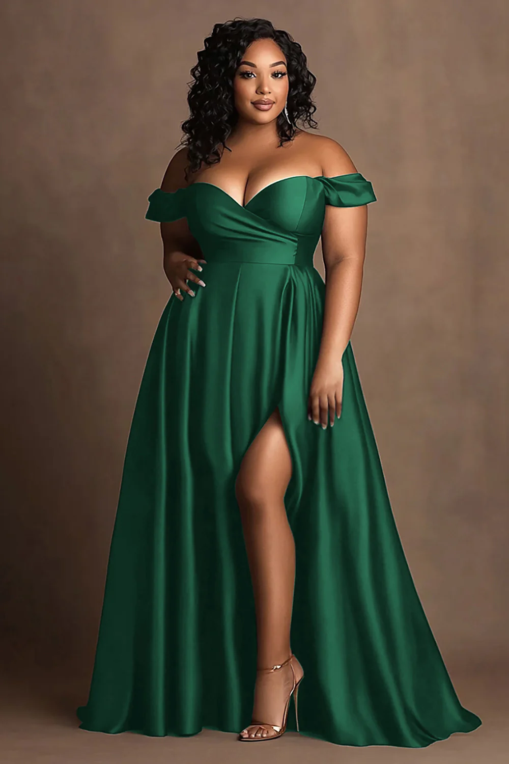 Robe longue formelle en satin bleu marine à épaules dénudées grande taille avec fente - Image 11
