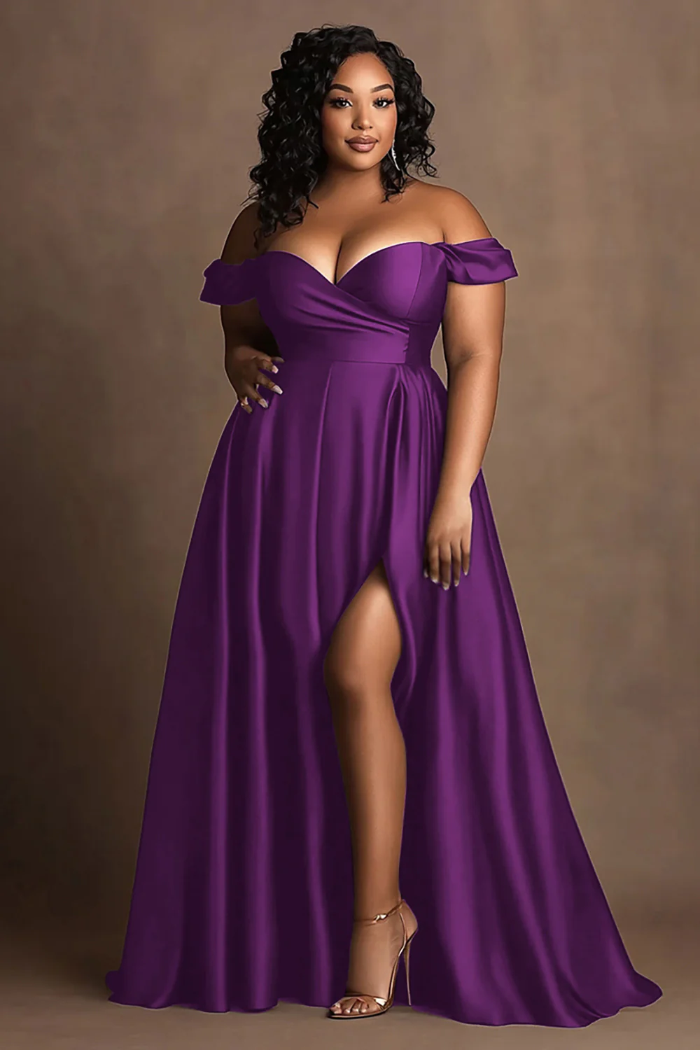 Robe longue formelle en satin bleu marine à épaules dénudées grande taille avec fente - Image 13