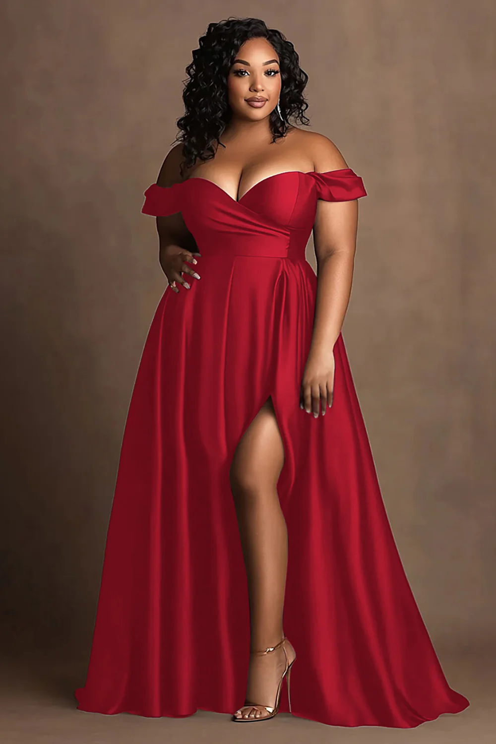 Robe longue formelle en satin bleu marine à épaules dénudées grande taille avec fente - Image 14