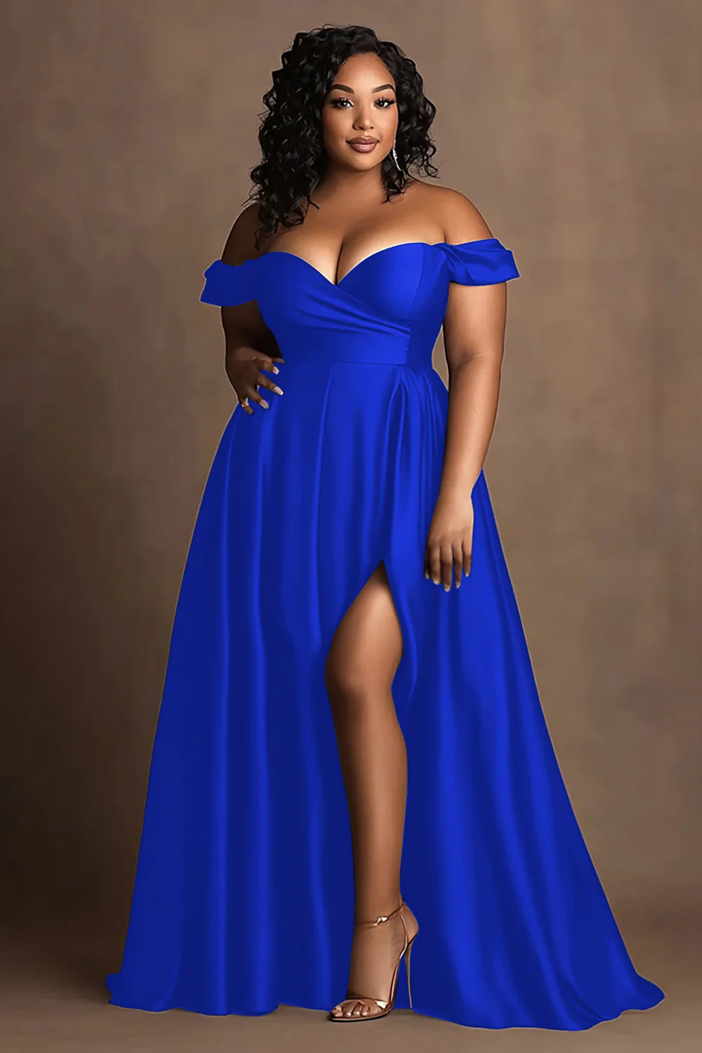 Robe longue formelle en satin bleu marine à épaules dénudées grande taille avec fente - Image 15