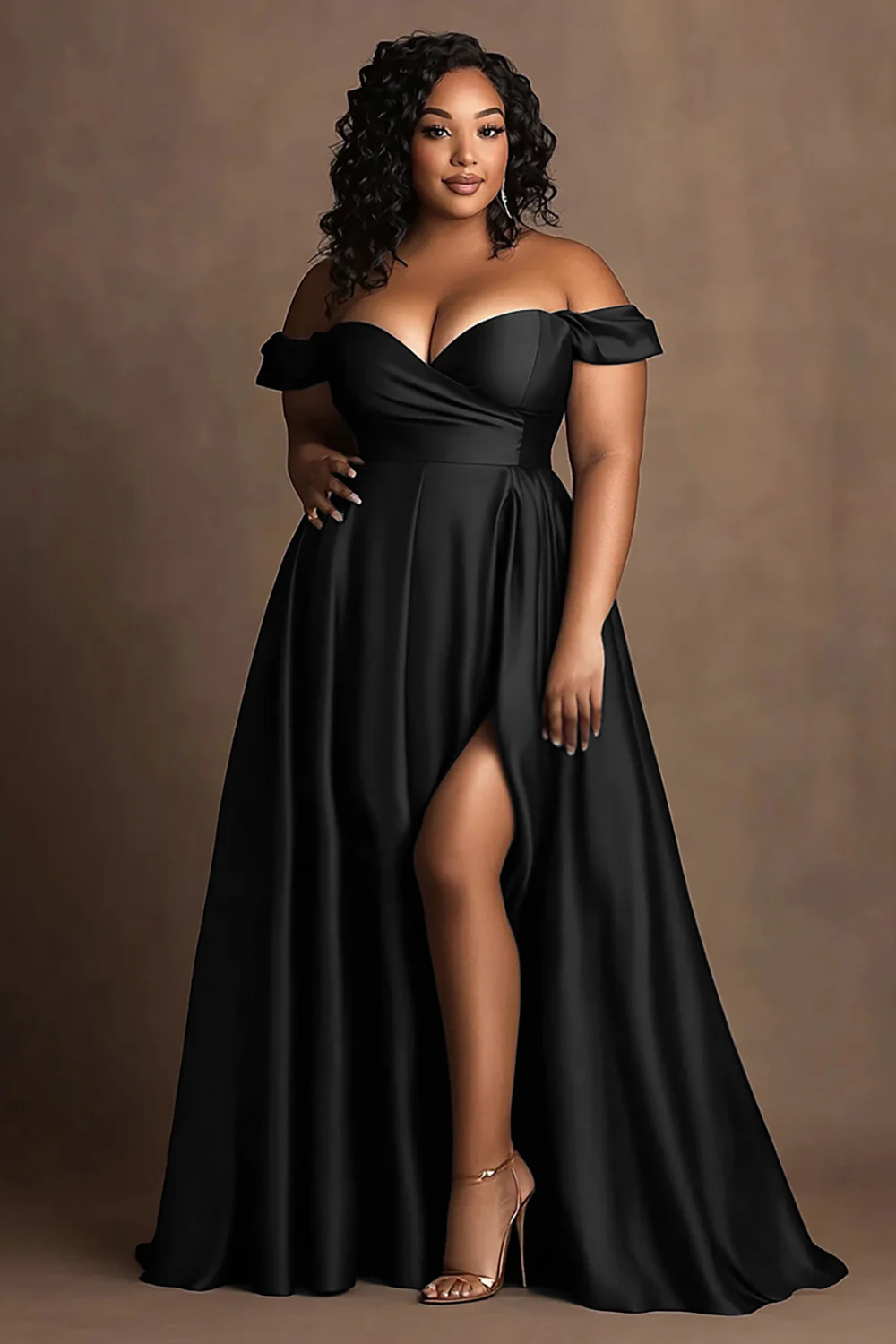 Robe longue formelle en satin bleu marine à épaules dénudées grande taille avec fente - Image 9