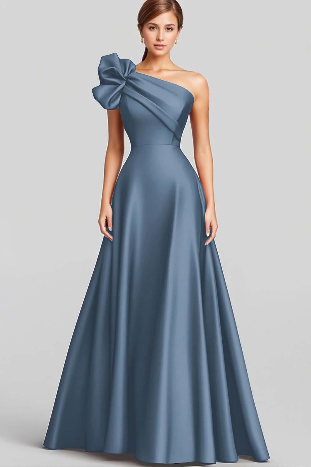 Robe longue formelle en satin bleu marine à volants - Image 7