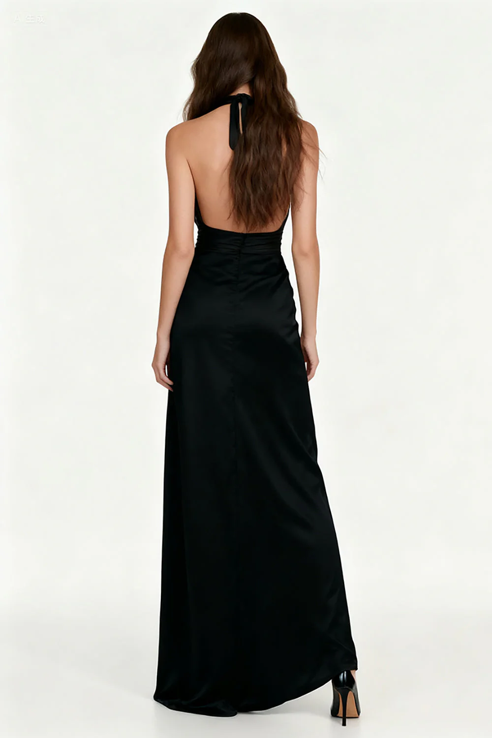 Robe longue formelle en satin noir avec ceinture - Image 2