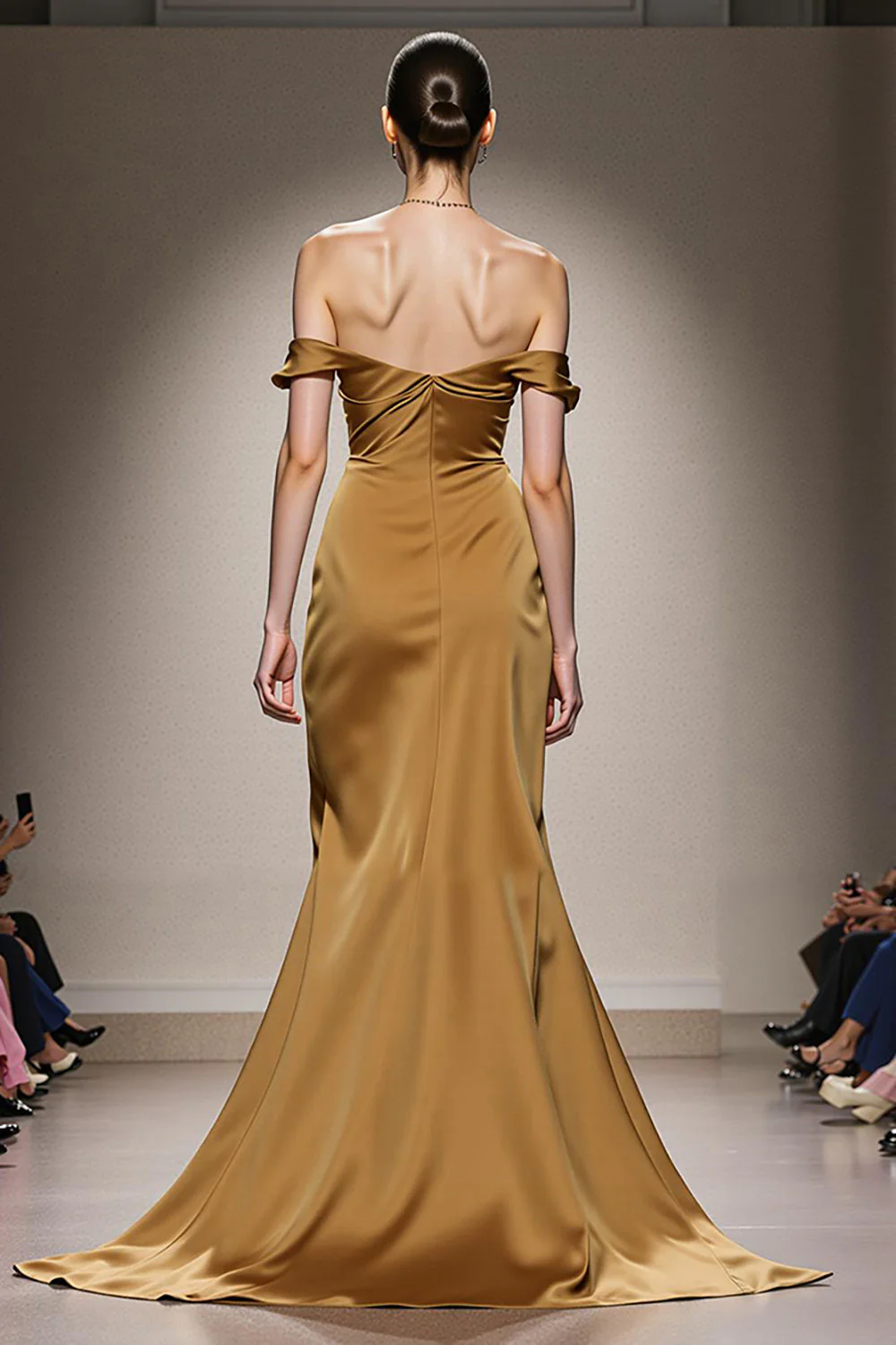 Robe longue formelle en satin sirène jaune à épaules dénudées - Image 2