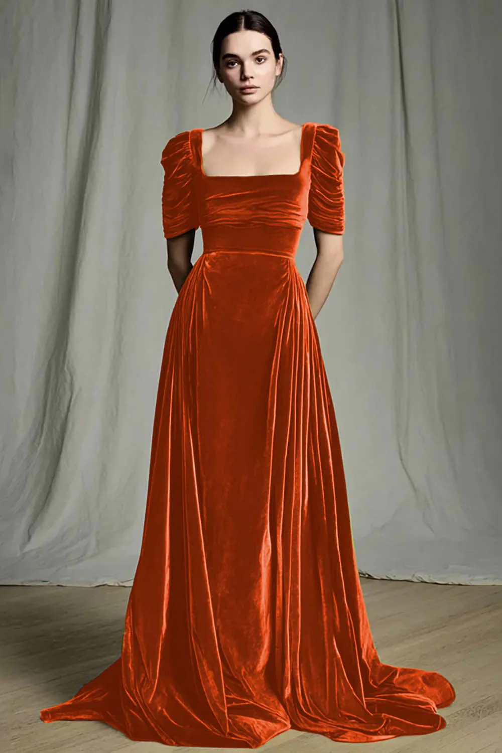 Robe longue formelle en velours à col carré olive - Image 13