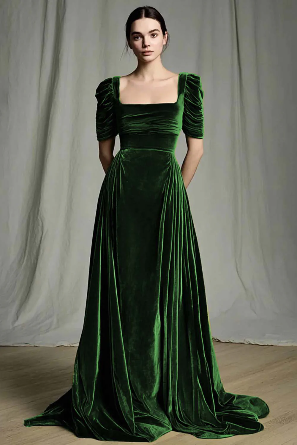 Robe longue formelle en velours à col carré olive - Image 6
