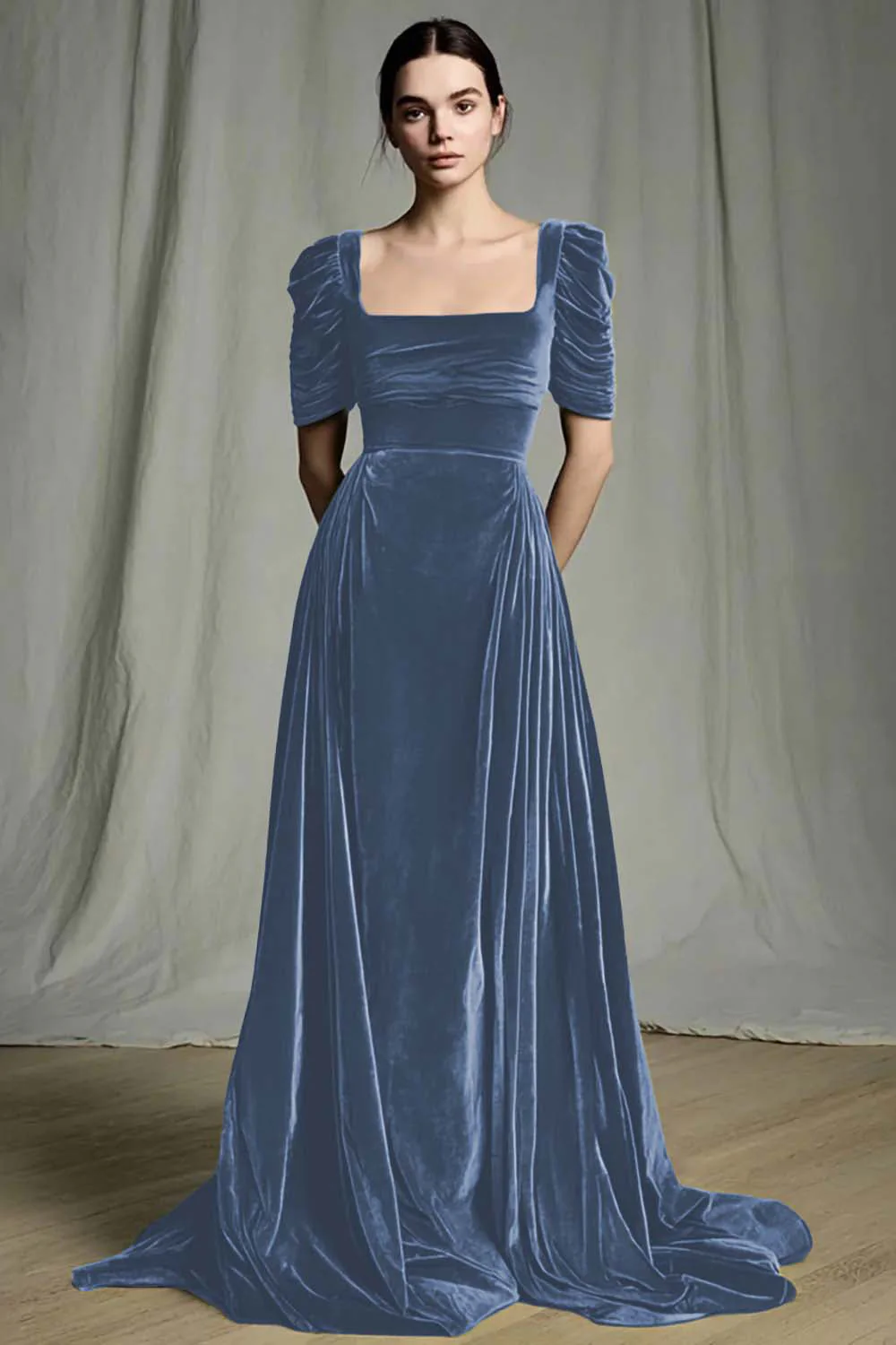 Robe longue formelle en velours à col carré olive - Image 8