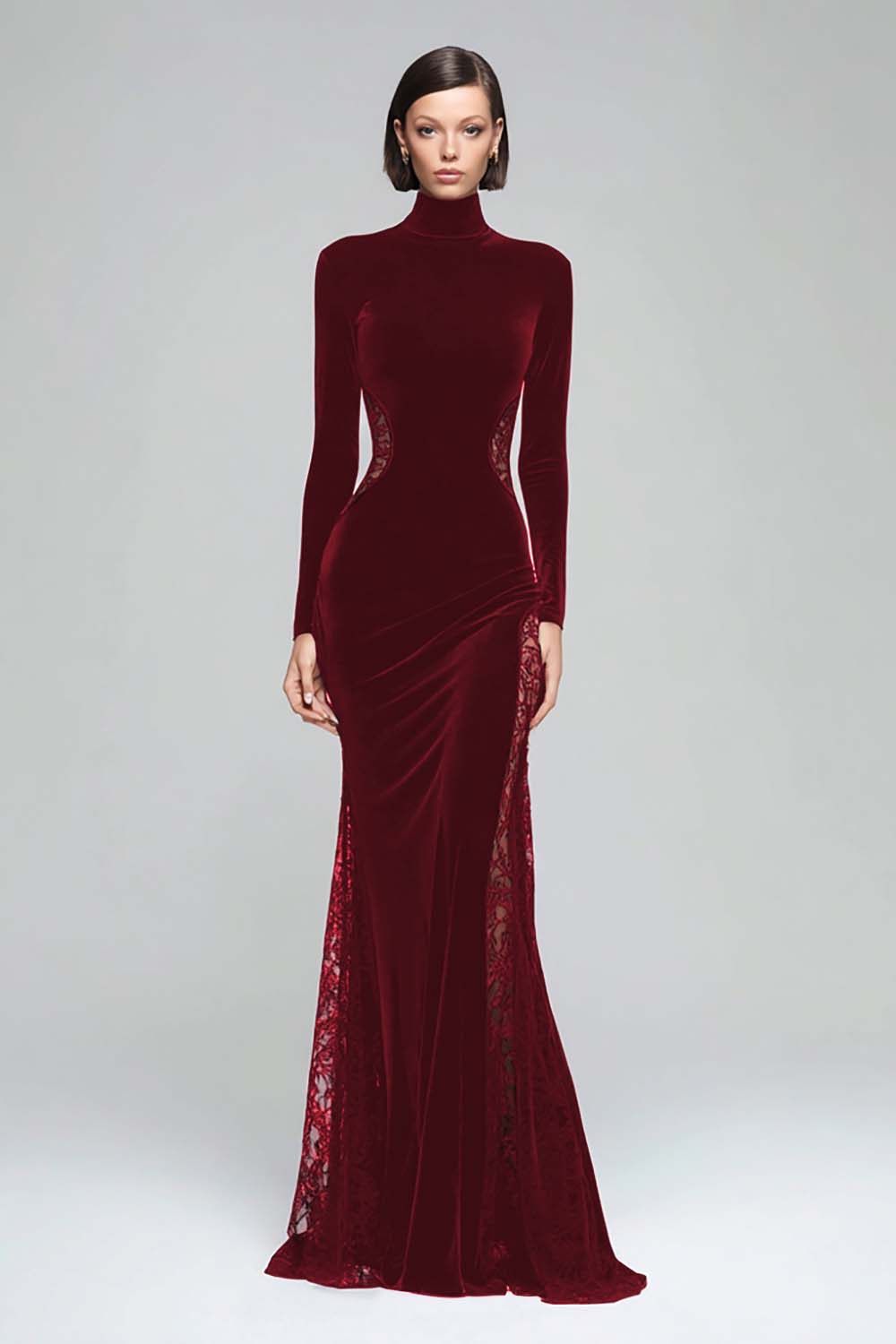 Robe longue formelle en velours à col haut sirène noire avec dentelle - Image 10
