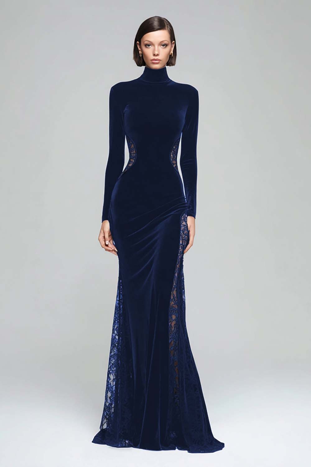 Robe longue formelle en velours à col haut sirène noire avec dentelle - Image 12