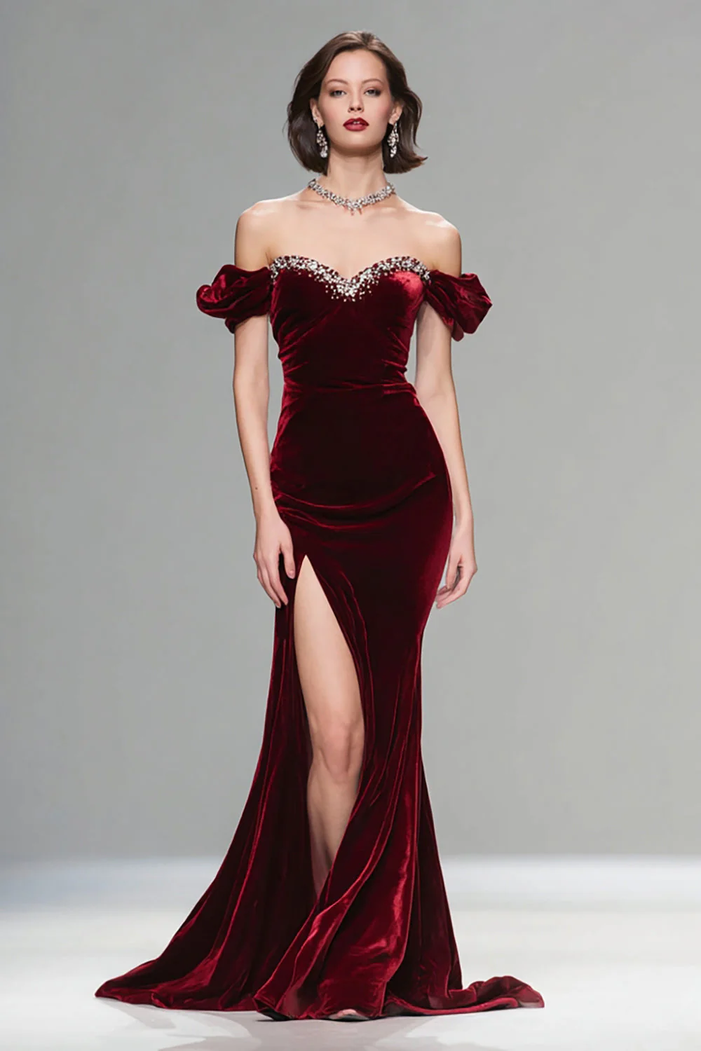 Robe longue formelle en velours bordeaux scintillant à épaules dénudées
