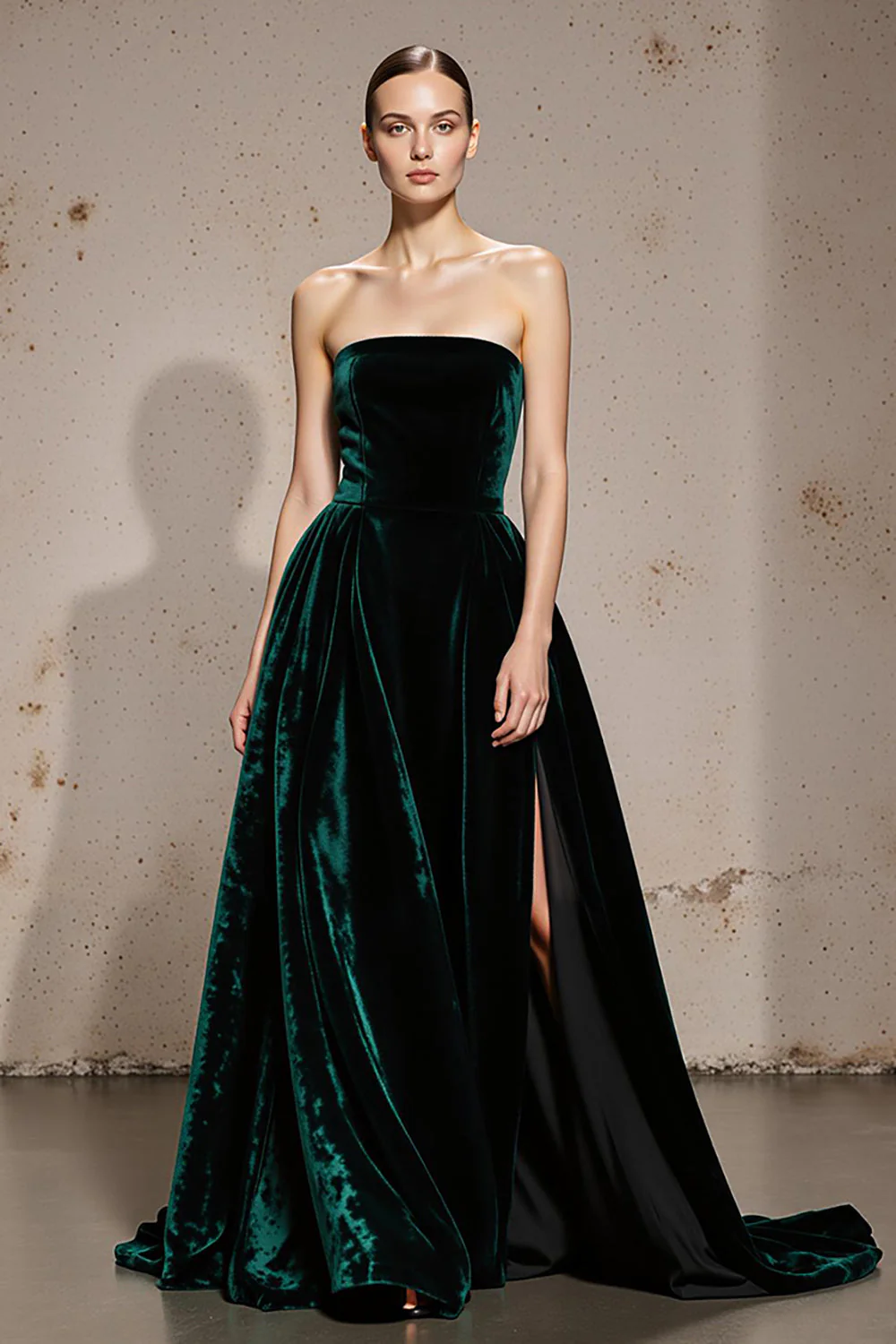 Robe longue formelle en velours bustier vert foncé avec fente