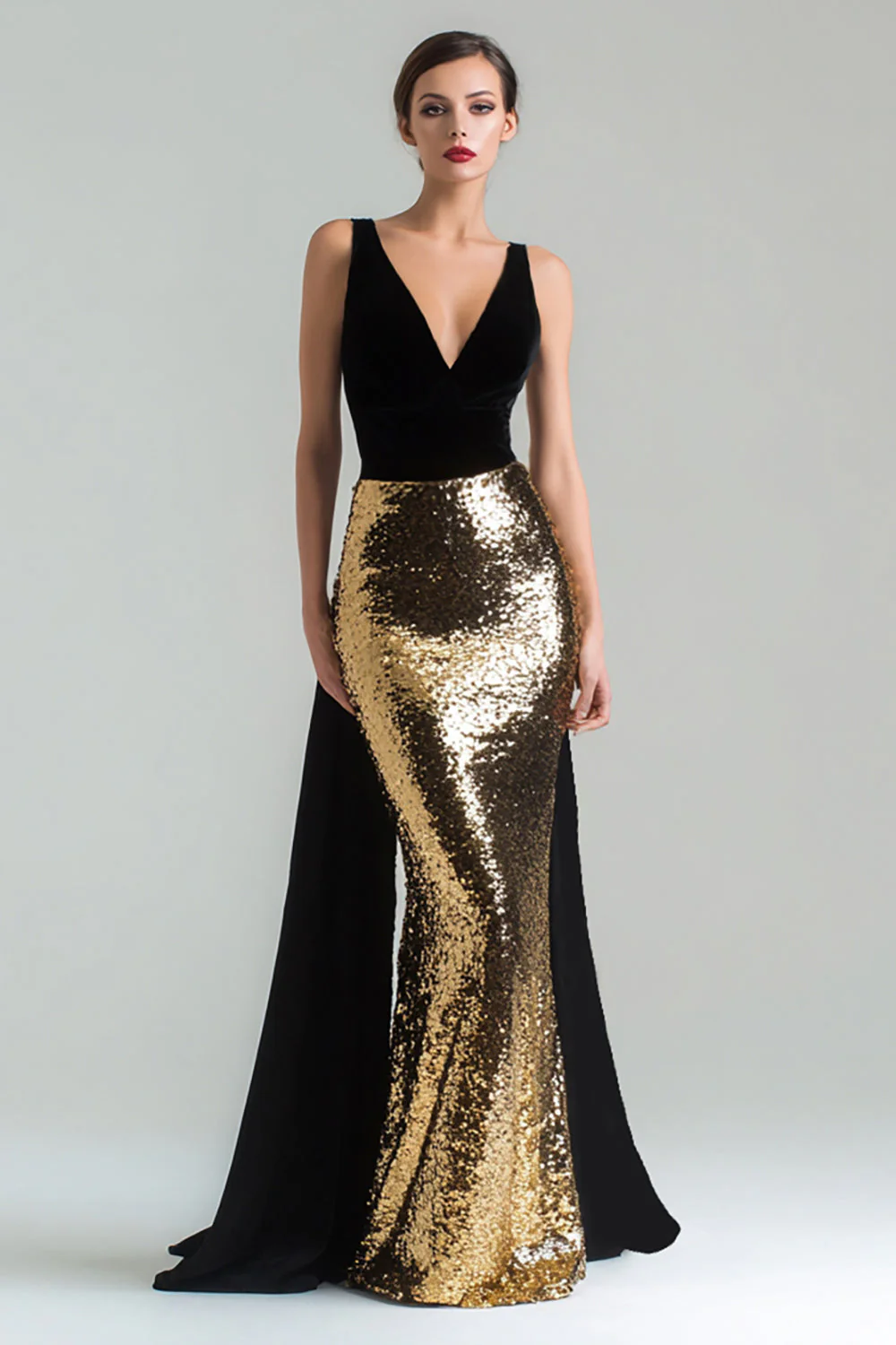 Robe longue formelle en velours doré et noir à col en V sirène