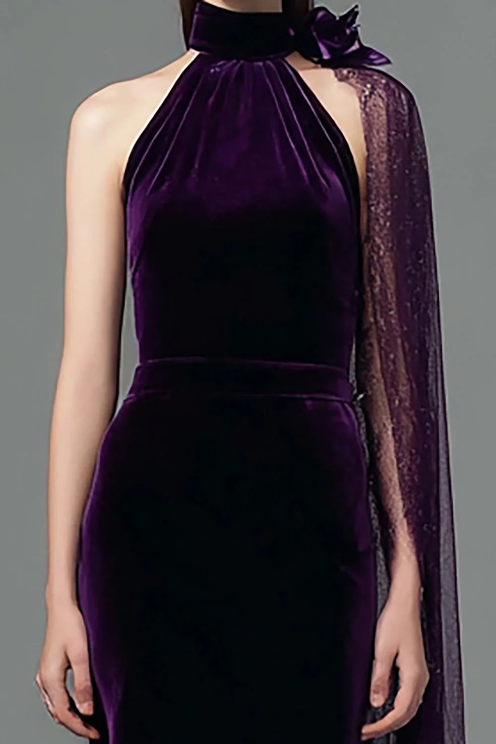Robe longue formelle en velours fourreau prune avec ceinture - Image 2