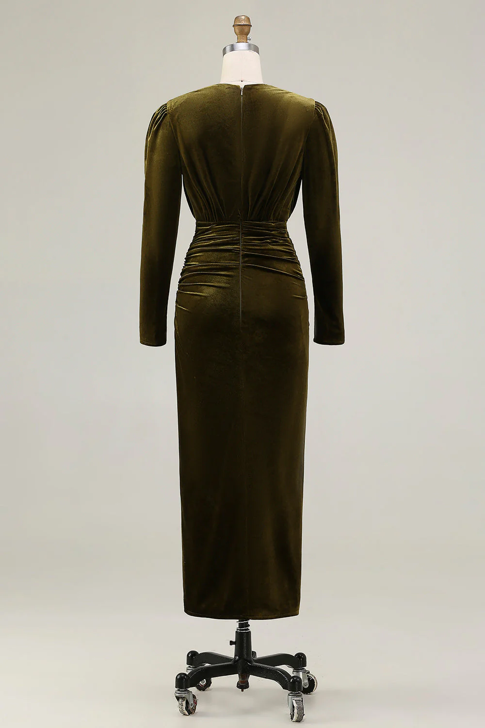 Robe longue formelle en velours froncé à col en V olive avec fente - Image 4