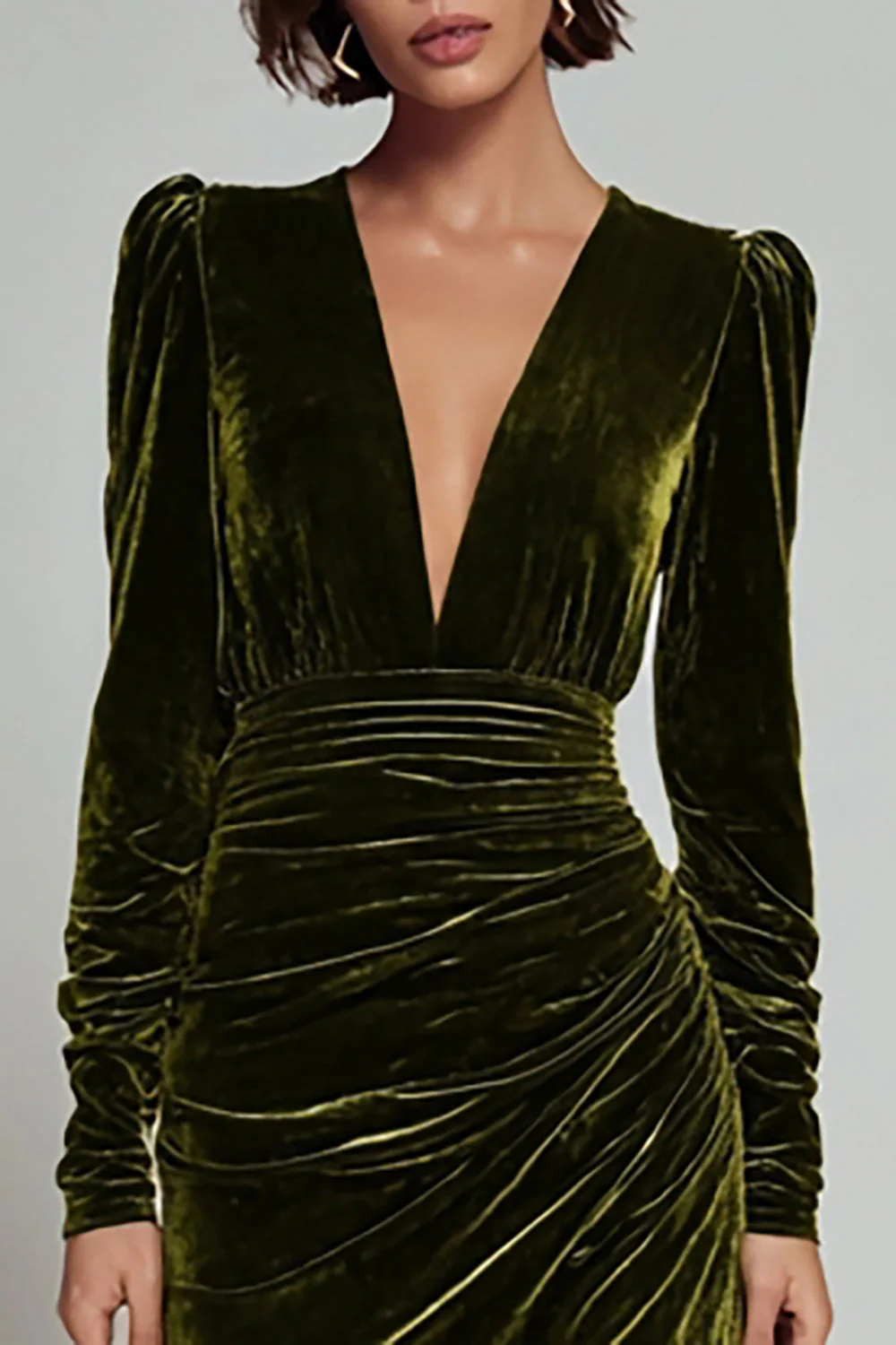 Robe longue formelle en velours froncé à col en V olive avec fente - Image 5