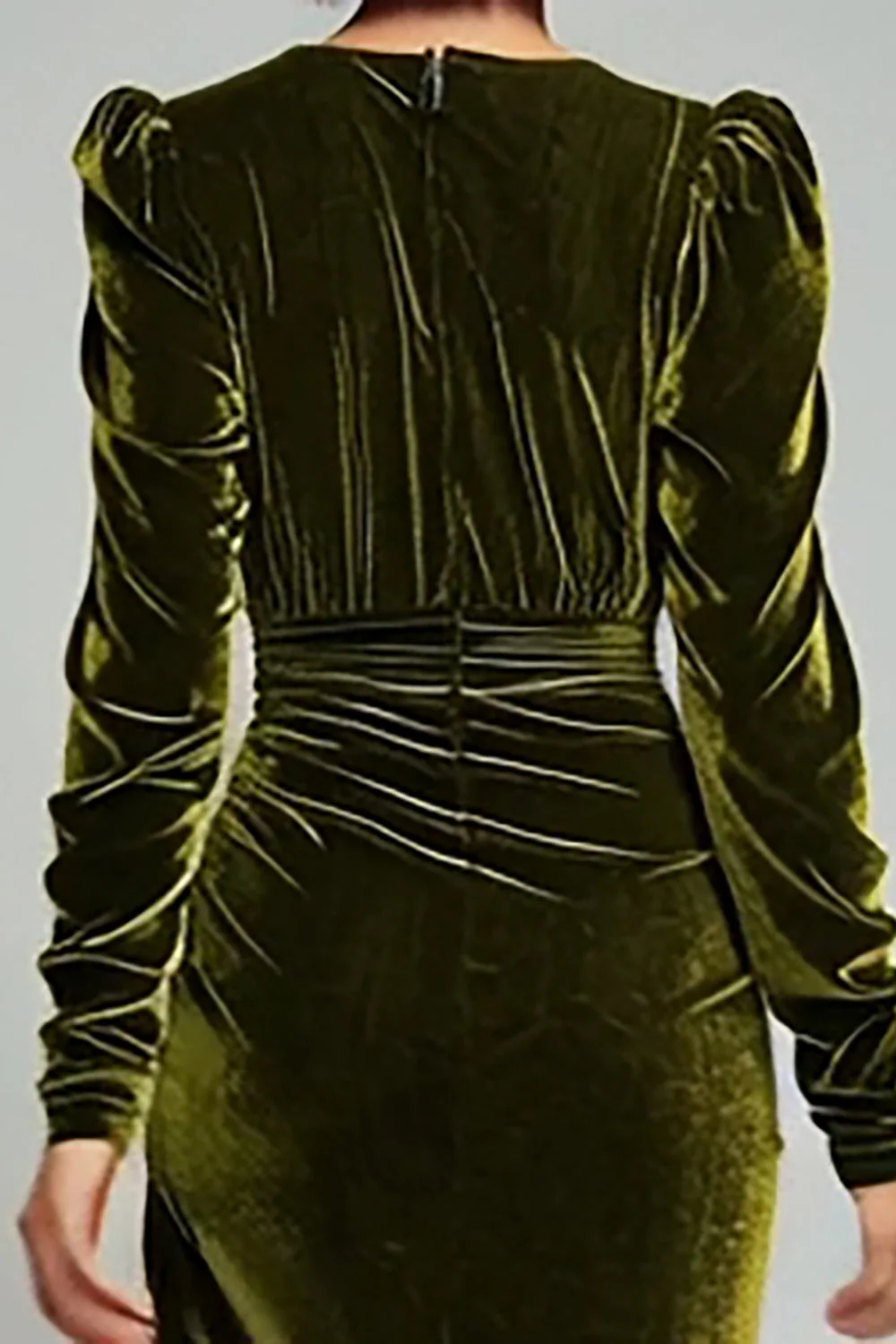 Robe longue formelle en velours froncé à col en V olive avec fente - Image 6