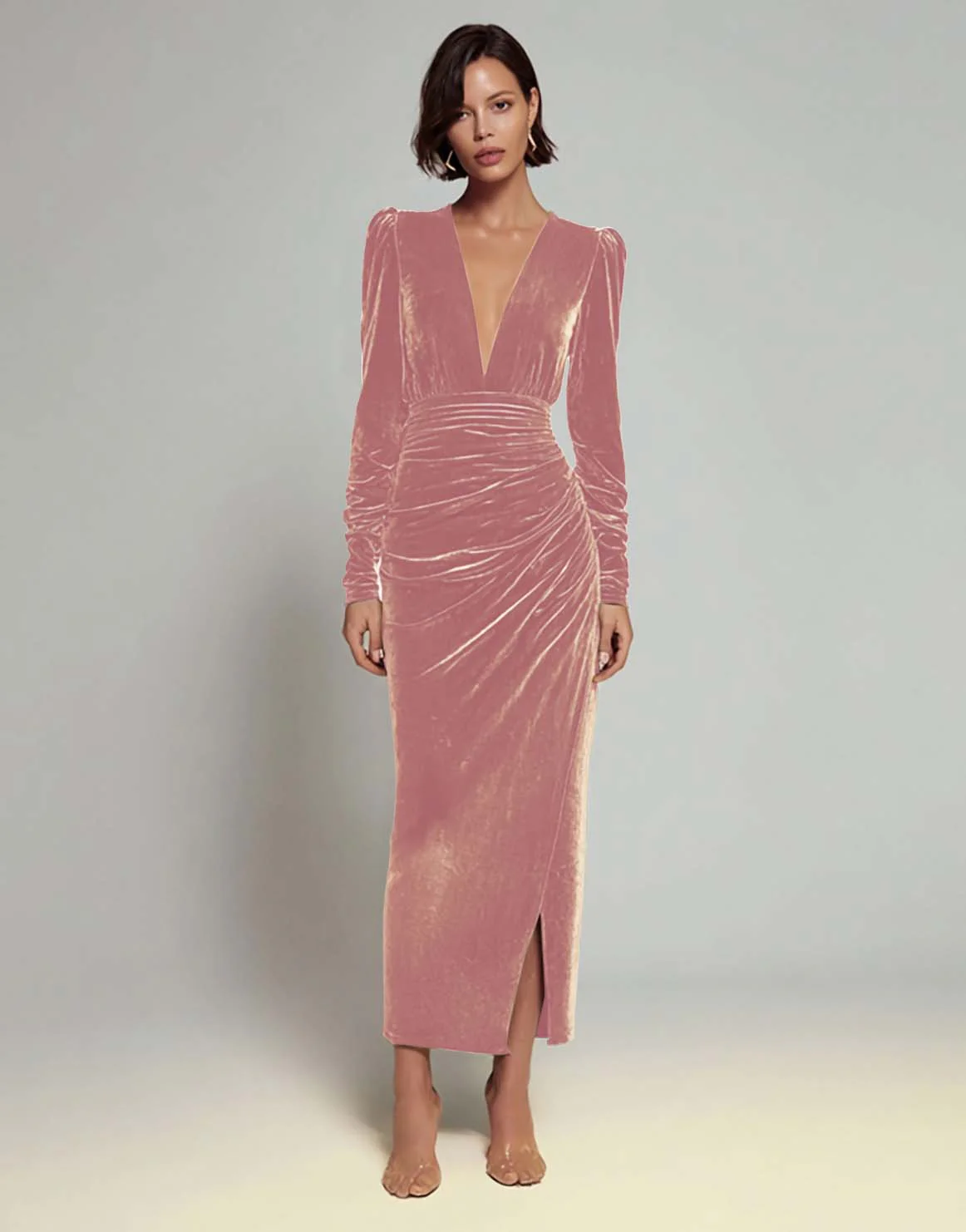 Robe longue formelle en velours froncé à col en V olive avec fente - Image 8