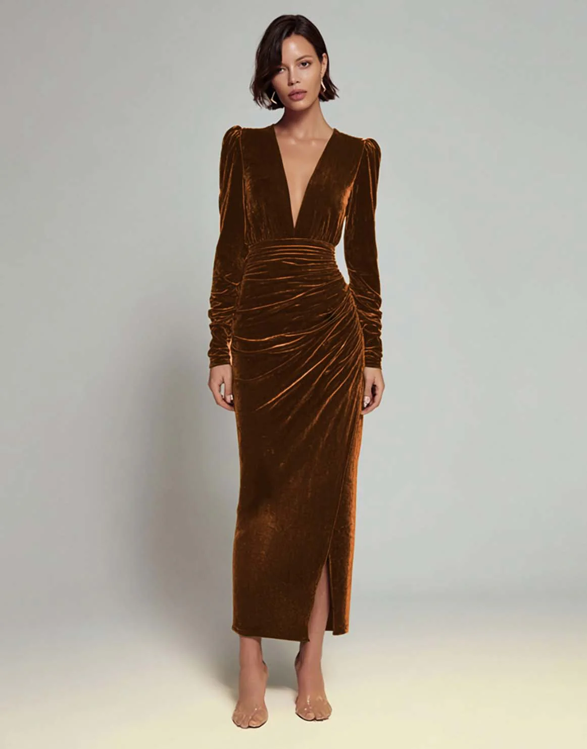 Robe longue formelle en velours froncé à col en V olive avec fente - Image 9