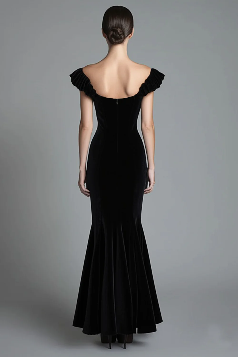 Robe longue formelle en velours noir sirène à épaules dénudées - Image 2